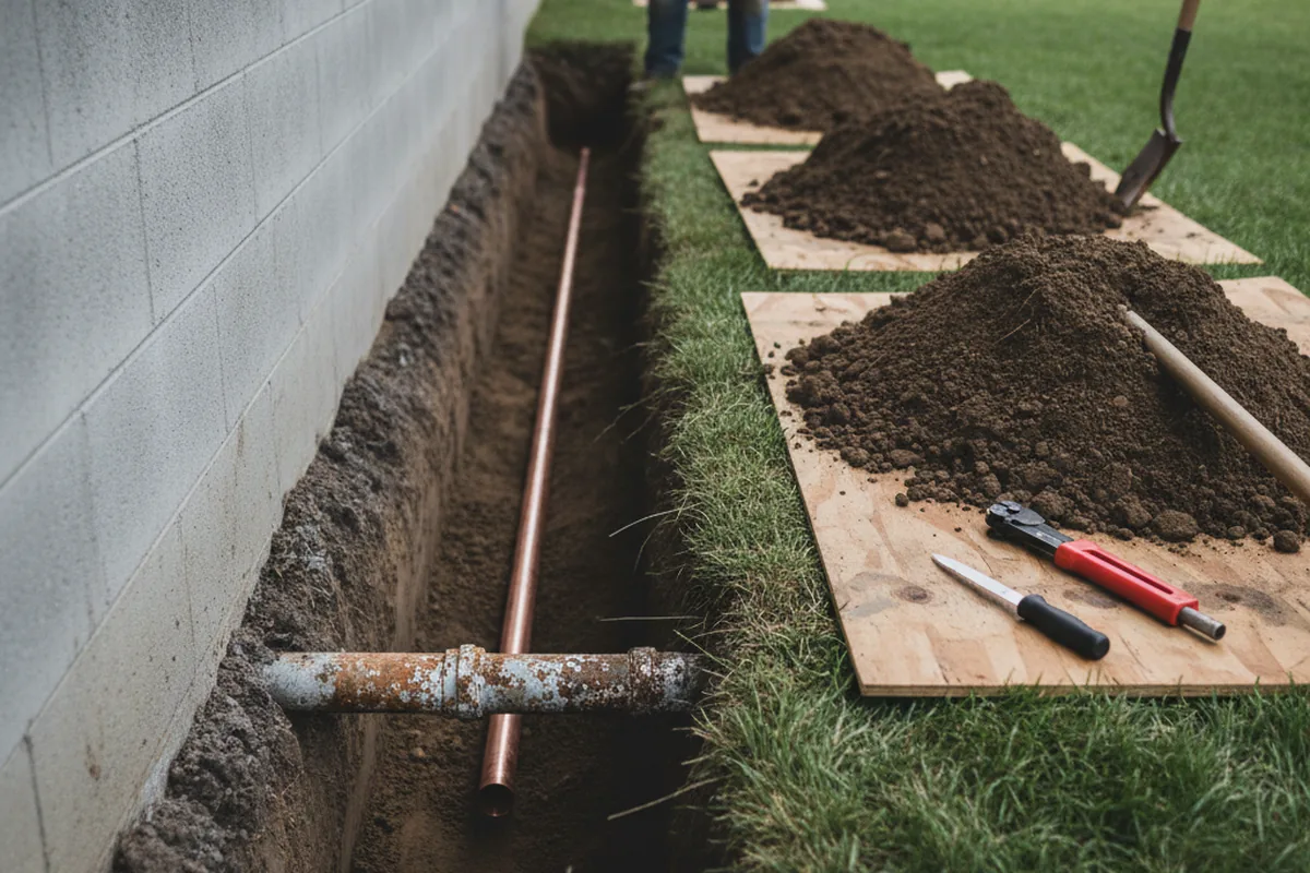 Excavated water line trench during Water Heater Repair in Pembroke Township